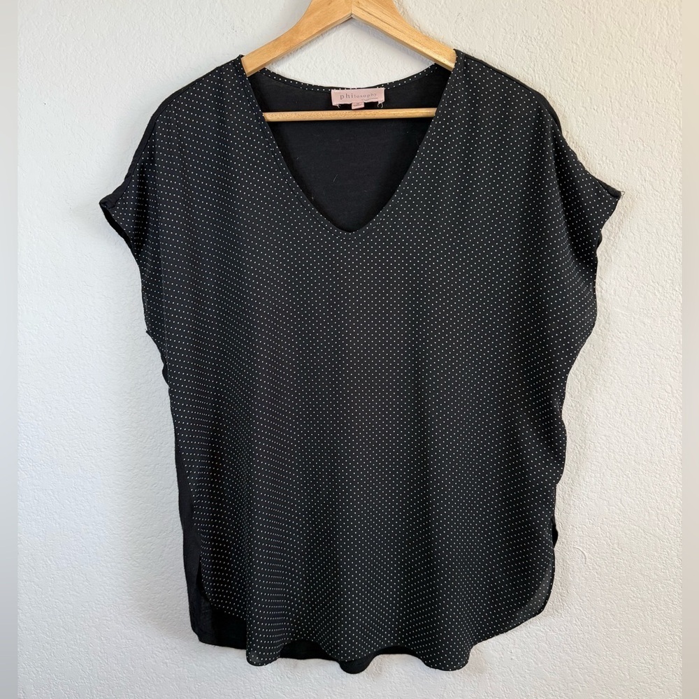 Philosophy Black White Mini Polka Dot Mixed Media Lightweight V Neck Blouse Top